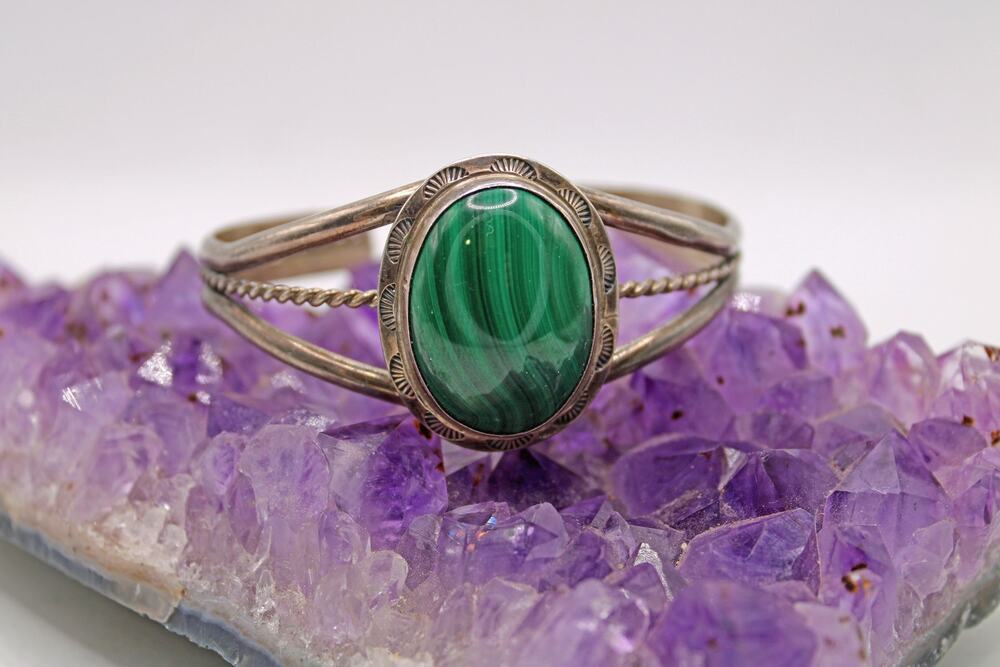Chee Signed Sterling Silver Malachite Cuff Bracelet